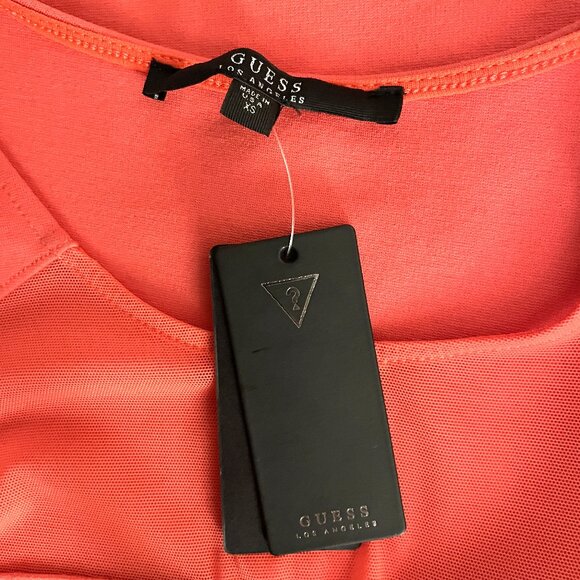 NWT GUESS Size XS Sheer Mesh V Neck, Cap Sleeves, Sexy, Coral - Picture 7 of 8